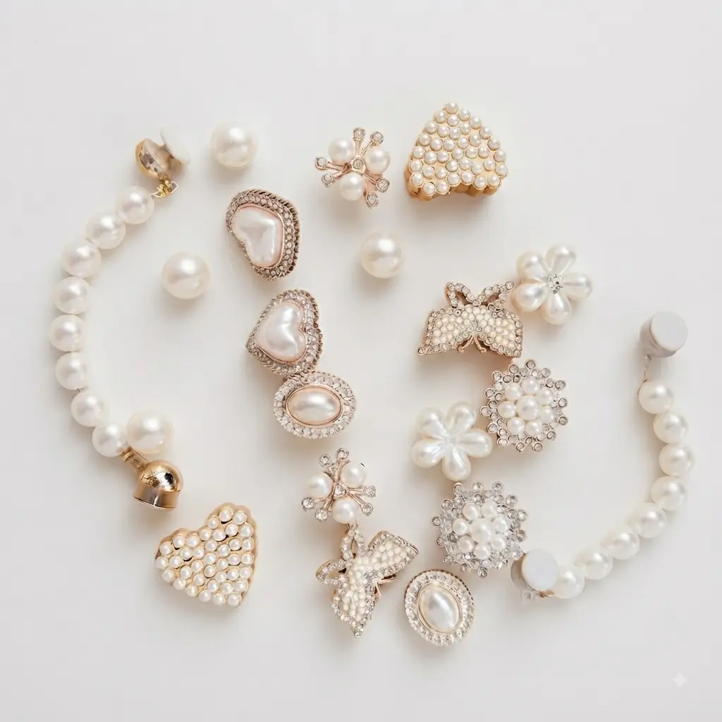 Bling Shoe Charms for Clogs – sparkly pearl flower and rhinestone charms with a stylish bling chain. Cute clog accessories for women and girls, perfect for DIY shoe decorating, parties, birthdays, everyday wear, and trendy gift ideas.