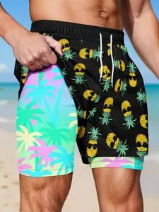 Fun Sunglasses Pineapple Print Beach Shorts, Tropical Island Theme, Drawstring Waist, Slim Fit, Full Print, Two-Piece Double-Layer Shorts