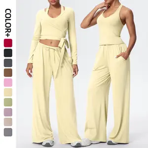 Naked breathable drawstring wide-leg pants fitness neck vest fashion straps long-sleeved sports yoga clothes