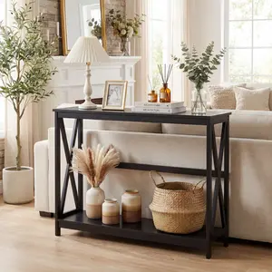 Narrow Entryway Table ,With X Brace Stability, 200 LB Capacity Waterproof Wood Top, Open Bottom Shelf For Storage Bins, Slim Console For Small Space Living And Hallway Decor