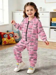 Cute elephant all-over printed zip-up jacket and trousers set for baby girls, lovely casual kids outfit suitable for daily wear and outdoor activities, an ideal gift for infants