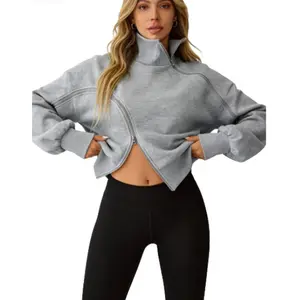 High-Neck Zip-Up Sports Hoodie Women's Long Sleeve High Neck Sweatshirt Stand-Up Collar Casual Top 95% Polyester 5% Elastane long sleeve tops women clothes for women vintage sweatshirts jacket for women  zip up valentine sweatshirt