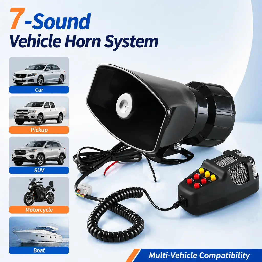 12V universal car model - 7-speaker system with complete speaker accessories, 7 sound modes + voice-activated microphone included, ABS high-frequency output speakers, suitable for 12V cars, motorcycles, all-terrain 12V vehicles, and boats; compatible with
