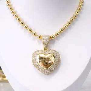 14K Gold Plated Iced Heart Pendant Beaded Necklace – 17.5”