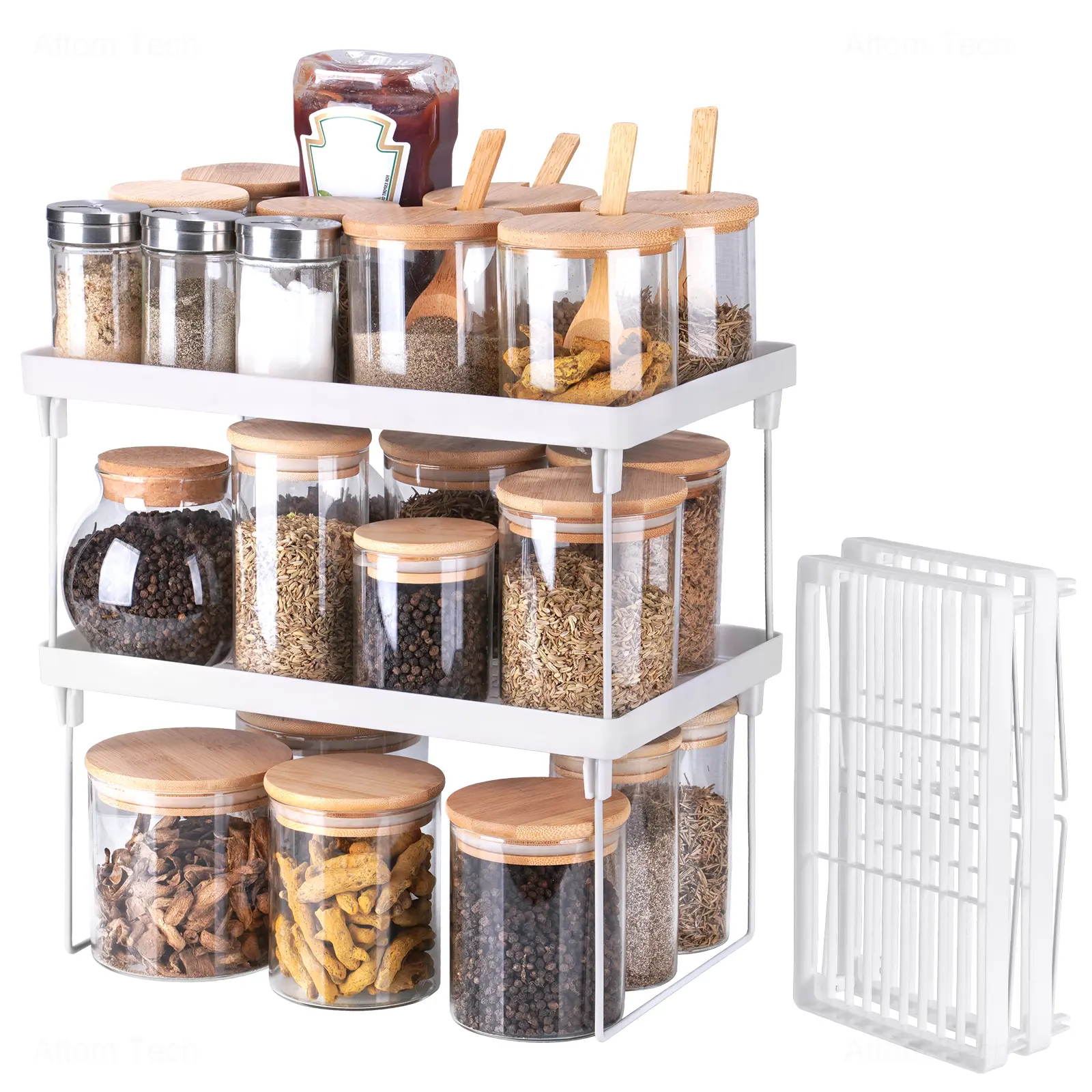 NiHome 4-Pack Stackable Plastic Kitchen Storage Shelf Foldable Rack - White Kitchen Cabinet Organizer and Storage Shelves Stackable Expandable Storage Racks for Counter Cabinet Pantry