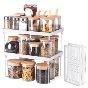 NiHome 4-Pack Stackable Plastic Kitchen Storage Shelf Foldable Rack - White Kitchen Cabinet Organizer and Storage Shelves Stackable Expandable Storage Racks for Counter Cabinet Pantry