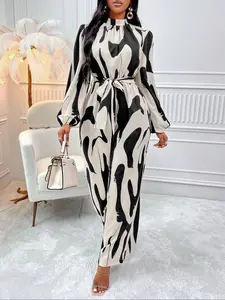 Women's Loose-Fit Belted Bubble Sleeve Print Jumpsuit, Womenswear Everyday Fall & Winter Woven Fabric Casual, Zipper Design One-Piece Long Pants Set
