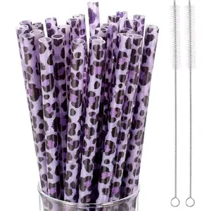 Leopard Reusable Straws 27pcs with Cleaning Brushes Leopard Print Eco-Friendly Drinking Straws