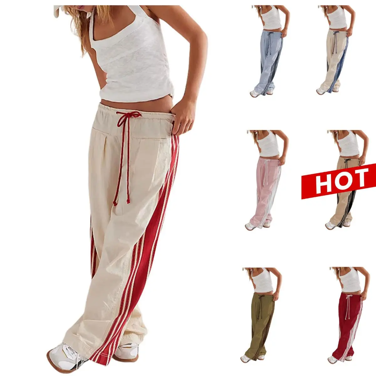 Ommig Women's High-Rise Wide Leg Athletic Pants - Loose Drawstring Bottoms with Side Stripes, Pockets, Beige Stripe for 5'5" and above, Gym, Casual Streetwear, Synthetics, Extreme Baggy Pants, Baggy Wide Leg Pants, Loose Fit