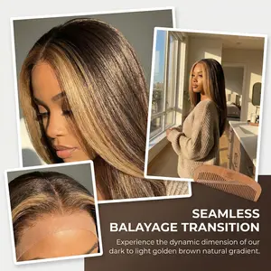 28 Inch Long Straight Lace Front Wig - Highlight Ombre Black with Blonde Streaks, Synthetic Heat Resistant Hair for Women, Natural Middle Part