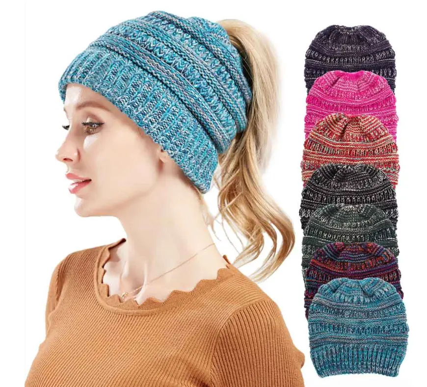 Women's Mixed Color Knitted Wool Ponytail Beanie - Soft Lightweight Acrylic Knit Cap Hats, Warm Stylish Winter Fashion Headwear, Soft Knit Hats