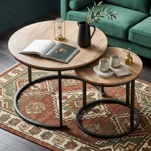 2 Pieces Nesting Round Side Coffee Table Industrial Metal Frame Stable Accent Table Minimalist Oak Nightstand Practical Home Furniture For Living Room Bedroom Office