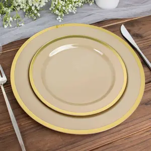 10-Pack Plastic Round Appetizer Plates 7" Taupe with Gold Rim - Classy Disposable Salad Plates