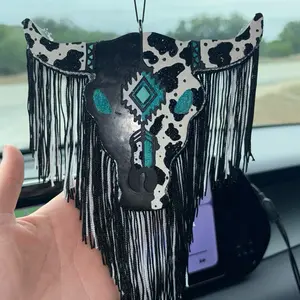 Turquoise Bull Freshie Scent Black Ice Car Air Freshener with Fringe Design and Turquoise Accents