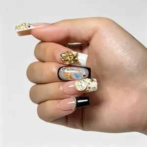 3D Nails Short Medium Long Collection Handmade Press-On Nails Reusable Colorful Art Design with Flowers Lovers Long-lasting High Quality Luxury Pearls and Rhinestones 3D Stylish Office Wear Cherry