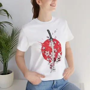 Japanese T-Shirt, Samurai Kitsune Cherry Blossoms Graphic Tee Shirt, Gamer Gift For Japan Art Lovers, Trendy Teen Fashion