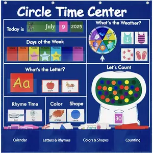 Circle Time Learning Center Classroom Pocket Chart, Educational Teaching Materials with Cards for , Learning Calendar Weather Letter Rhyme Color Shape Counting Number etc, Blue
