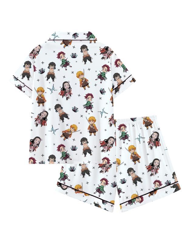 Men's Teen Domon Slayer Anime Collared Short Sleeve Pajama Set, Comfortable Sleepwear for All Seasons, Cute Movie Pajamas Gift