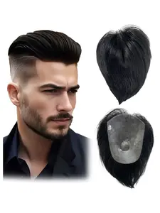 Toupee Human Hair Hair System for Men, Handmade 6*8 Ultra Thin Skin V-Looped Hairpieces Replacement System, PU Thin Skin Realistic Business style Hair System (hair length 4 inch)