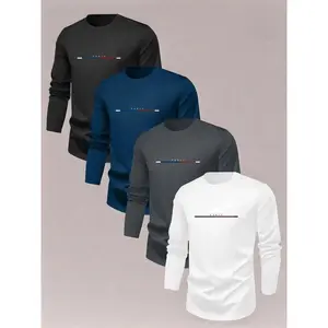 Men's Letter & Striped Print Round Neck Longsleeves Sweatshirt, Loose Casual Classic Soft Long Sleeve Pullover for Fall & Winter, Men's Clothes for Daily Wear