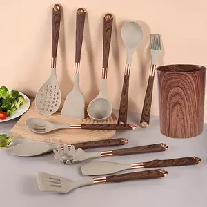 10pcs Silicone Kitchen Utensil Set with Wooden Handles