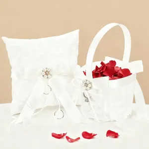 2 Pack Flower Girl Basket and Ring Bear Pillow Set, Cute Lace Pearl Flower Baskets with Ring Cushion, Cherish Ivory Rhinestones Satin Wedding Fairy Decor Party Ceremony