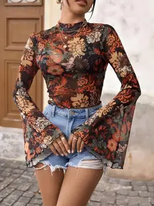 Women's High Neck Bell Long Sleeve Mesh Short Top, Floral Bohemian Style Summer Beachwear, Loose-Fitting Chic Elegant Blouse for All Seasons, Boho Style Shirt, Womenswear