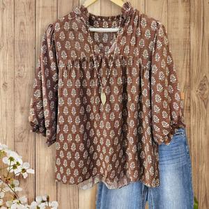 SageVell Charming Vintage Floral Printed V Neck Blouse Women's Cozy 3/4 Sleeve Top Brown Fabric Medium Cotton Viscose Fitted Shirts Boho Elegant Feminine Jeans Outfit