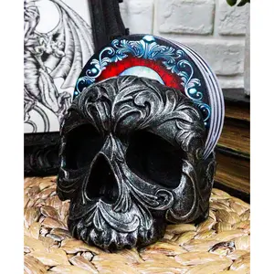 Ebros Barocco Tribal Tooled Gothic Skull Coaster Figurine Holder With 4 Tile Coasters