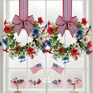 American Flag Patriotic Bow Wreath Door Hanger Set, July 4th Independence Day Wall Decor, Holiday Party Props and Home Decoration Supplies