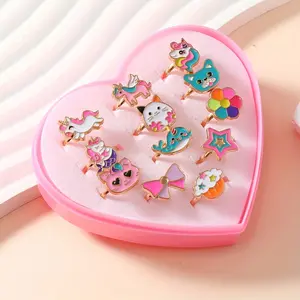 12Pcs Kids Girls Alloy Drip Oil Animal Style Adjustable Rings Set Party Favors Jewelry