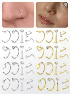 Unisex Stainless Steel C-Shaped Nose Ring Set, Zirconia Decorative Studs, L-S Design, Daily Wear Jewelry, Holiday Gift Idea