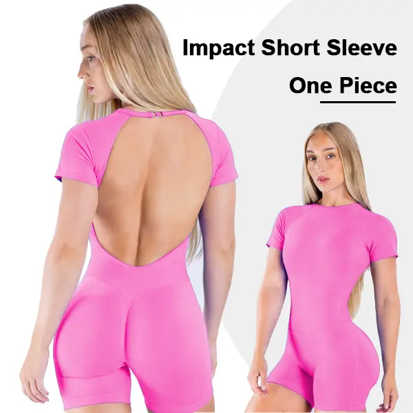 [SIZE UP 1] GYMER Impact Short-Sleeve 1-Piece Yoga Workout Jumpsuit - Soft Removable Pads Bralette, Strong Compression, Tummy Control, Butt Lifting, Contoured Fit Shapes Without Bulk, Built for Gym, Yoga, Active Days