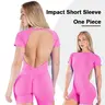 [SIZE UP 1] GYMER Impact Short Sleeve One Piece Yoga Workout Jumpsuit - Soft Removable Pads Bralette, Strong Compression, Tummy Control, Butt Lifting, Contoured Fit Shapes Without Bulk, Built for Gym, Yoga, Active Days #BackToSchool