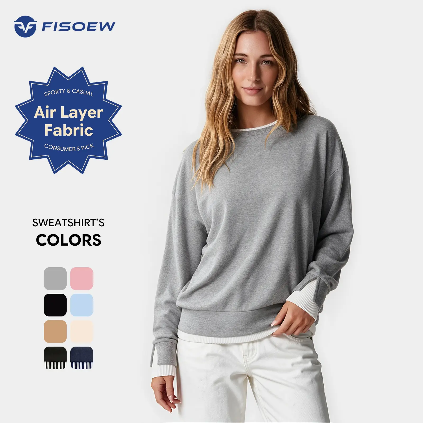 Fisoew Women's Patchwork Design Sweatshirt Air Layer Fabric Hoodie Crew Neck Ribbed Cuff & Hem Patchwork Drop Shoulder Oversized Long Sleeve Pullover Top Hoodie Fit Casual SohoChic