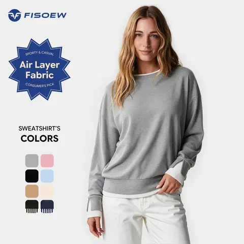 Fisoew Women's Patchwork Design Sweatshirt Air Layer Fabric Hoodie Crew Neck Ribbed Cuff & Hem Patchwork Drop Shoulder Oversized Long Sleeve Pullover Top Hoodie Fit Casual SohoChic