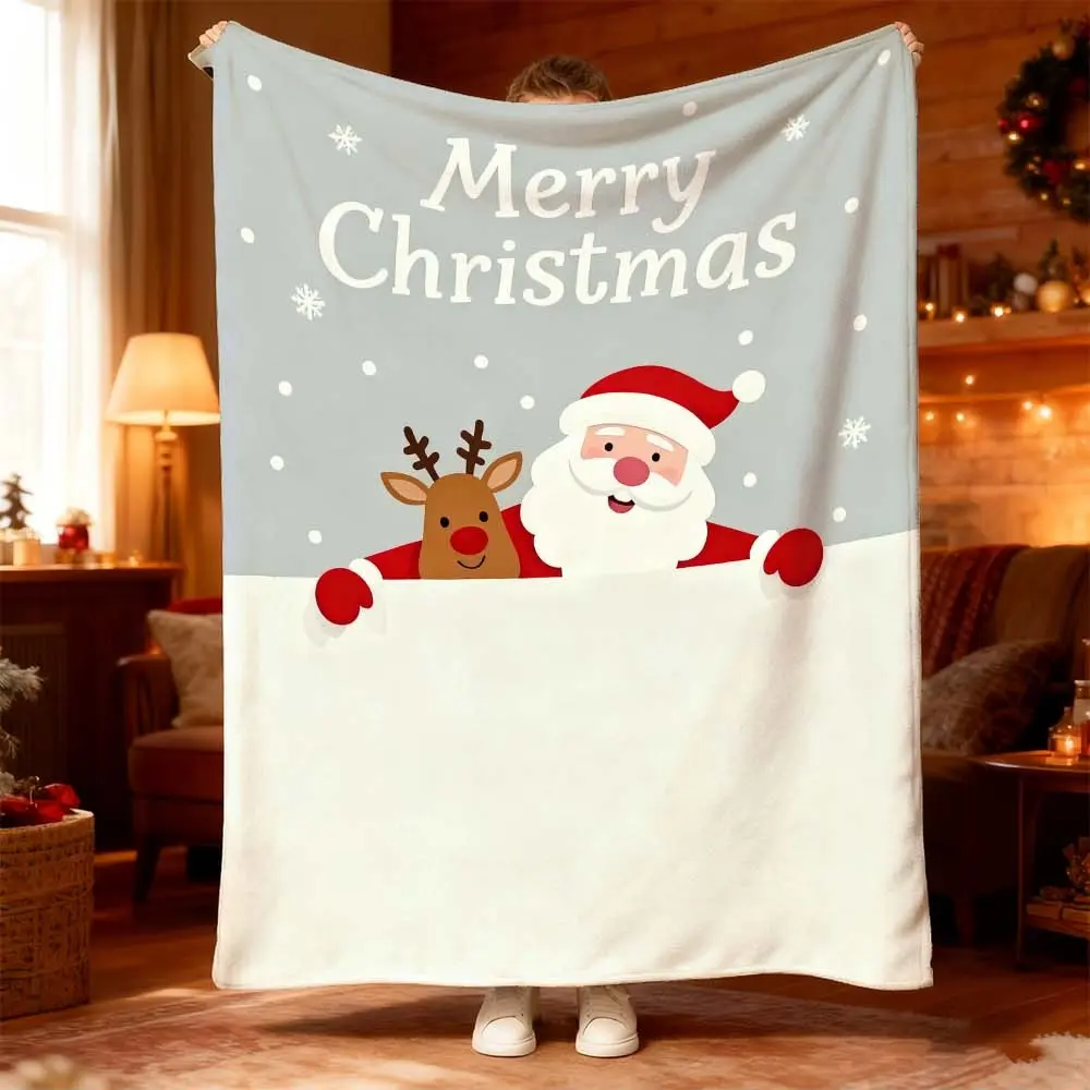 1pc Cozy Christmas Santa and Reindeer Print Blanket for Bedroom, Sofa, and Camping - Perfect for Winter Naps and Holiday Decor with Festive White and Red Color Pattern