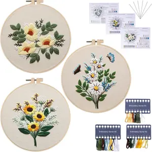Embroidery Kit for Beginners, 3 Pack Stamped Cross Stitch Kits for Adult DIY Craft Punch Needle Set with Cute Flowers Plants Embroidery Pattern with Hoop, Color Threads, Tools, Instructions