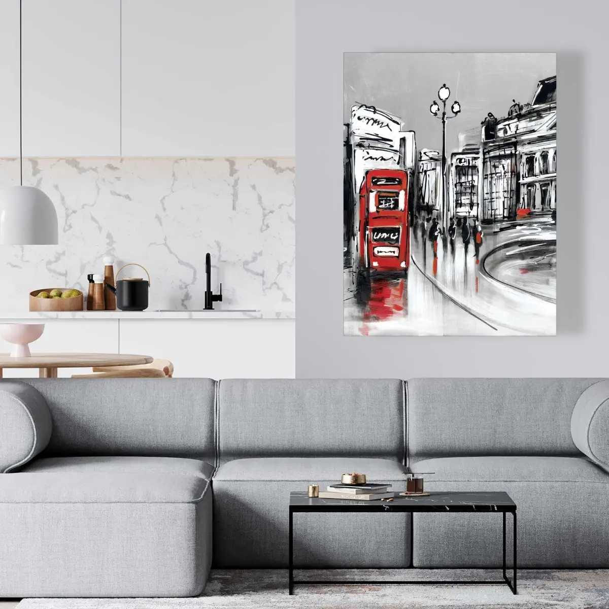 Begin Home Decor C1RC36480G1U9Z 36 x 48 in. Abstract Gray City with Red Bus - Illustrative Canvas Art