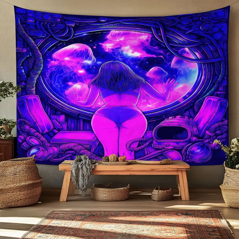1pc Large Blacklight-Reactive Tapestry Wall Art - Glow-in-the-Dark Abstract Alien Woman Universe Galaxy Design, Vibrant Neon Mystical Home Decoration for Bedroom Meditation Space, Functional Psychedelic Surreal Decor Piece