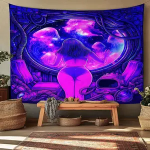 1pc  Trippy wall hanging psychedelic surreal artwork universe blacklight alien woman galaxy decor tapestry mystical home vibrant luminous design bedroom meditation space lamp fluorescent neon colorful curtain interior exotic large  Tapestry