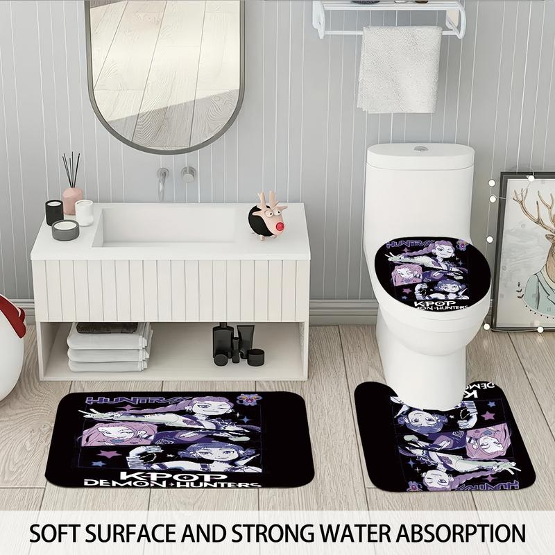 4pcs K-POP Demon Hunters Bathroom Set, Shower Curtain Sets, Shower Curtain with Hooks, Non-Slip Bath Rug, U-Shaped Toilet Mat, Toilet Lid Cover, Bathroom Decoration Accessories