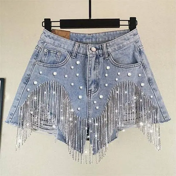 Women's Fitted Crop Fringe Denim Shorts, Party-Festival Wear, Premium Fabric