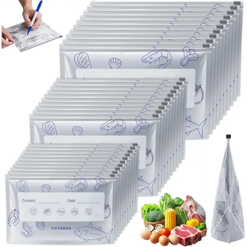 30PCS Reusable Aluminum Foil Storage Bags, 2025 New Resealable Vacuum Zipper Pouches with Label and Zip Lock, Leakproof Durable Food Storage Bags for Vegetable Fruit Meat (3 Size)