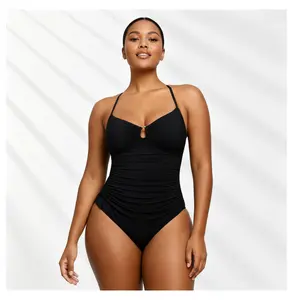 Plus Size Swimsuit Women Black Halter One Piece Ruched Swimwear Tummy Control Bathing Suit Curve & Chloe Size 12-30