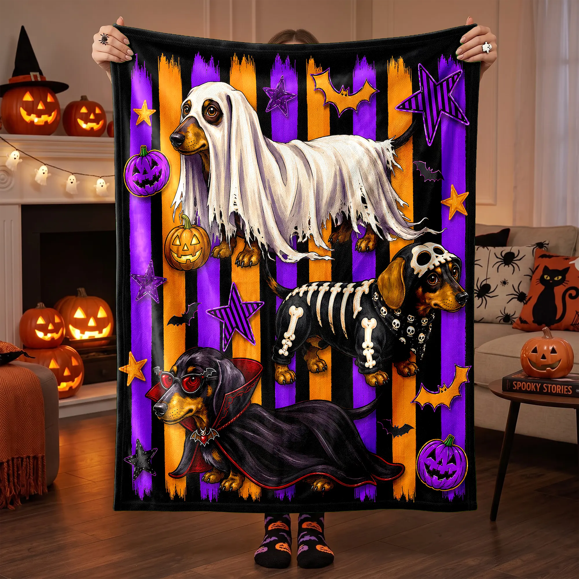50+ Dog Breeds Halloween Blanket, Funny Spooky Season Dog Lover Throw Blanket, Pet Costume Blanket, Halloween Dog Blanket for Lover