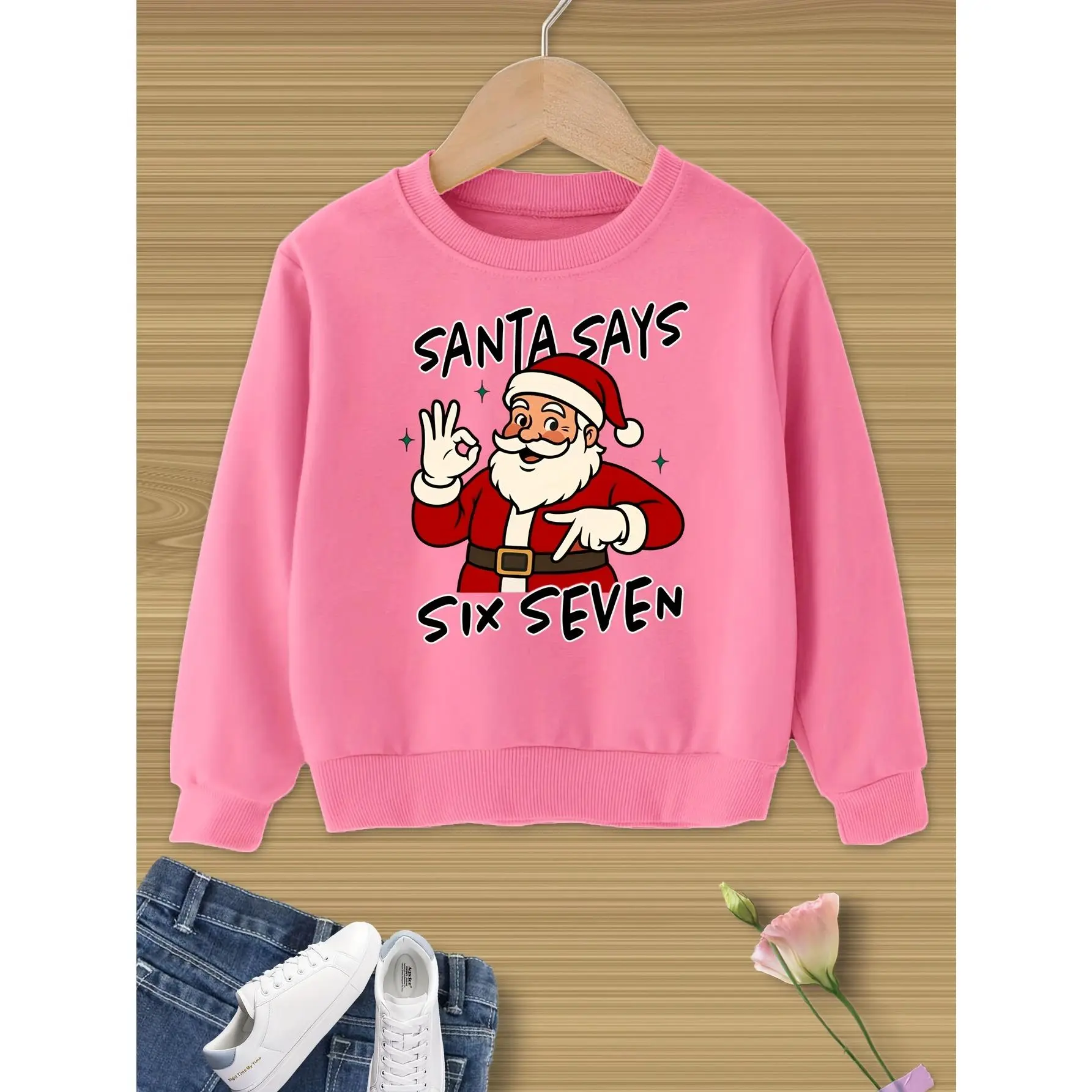 Funny Christmas Meme 67/6 7 Sweatshirt for Kids "Santa Says Six Seven" - Pink Long Sleeve Crewneck Pullover with Santa Claus & Number 67 Design, Casual Holiday Top For Boys & Girls, Christmas Sweatshirts, Seasonal Kids Clothing, Playful Kids Design, Cotto