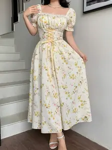 Floral Patchwork Lace Collar Puff Sleeve Dress - Cinched Waist Elegant Birthday Outfit