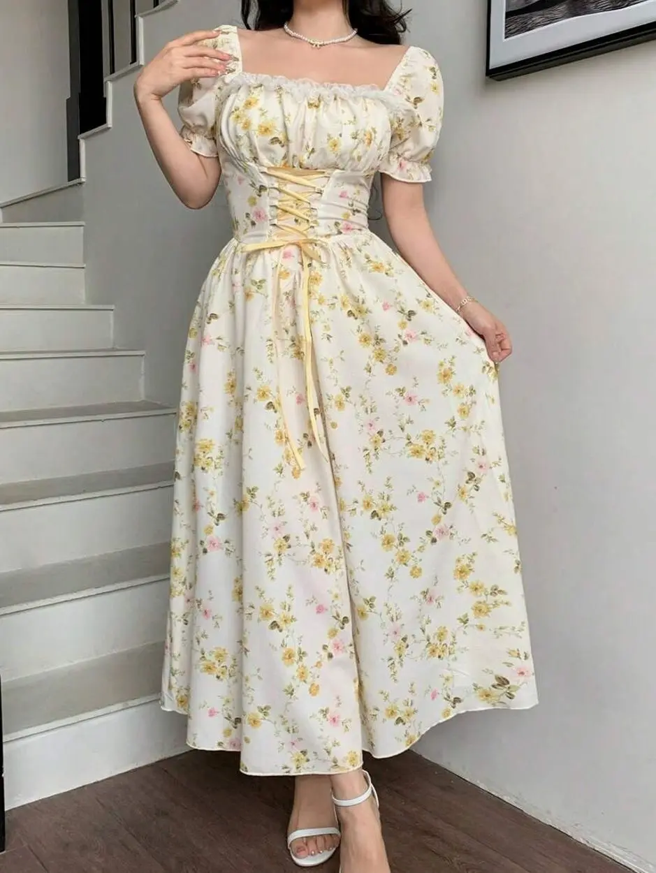 Floral Patchwork Lace Collar Puff Sleeve Dress - Cinched Waist Elegant Birthday Outfit