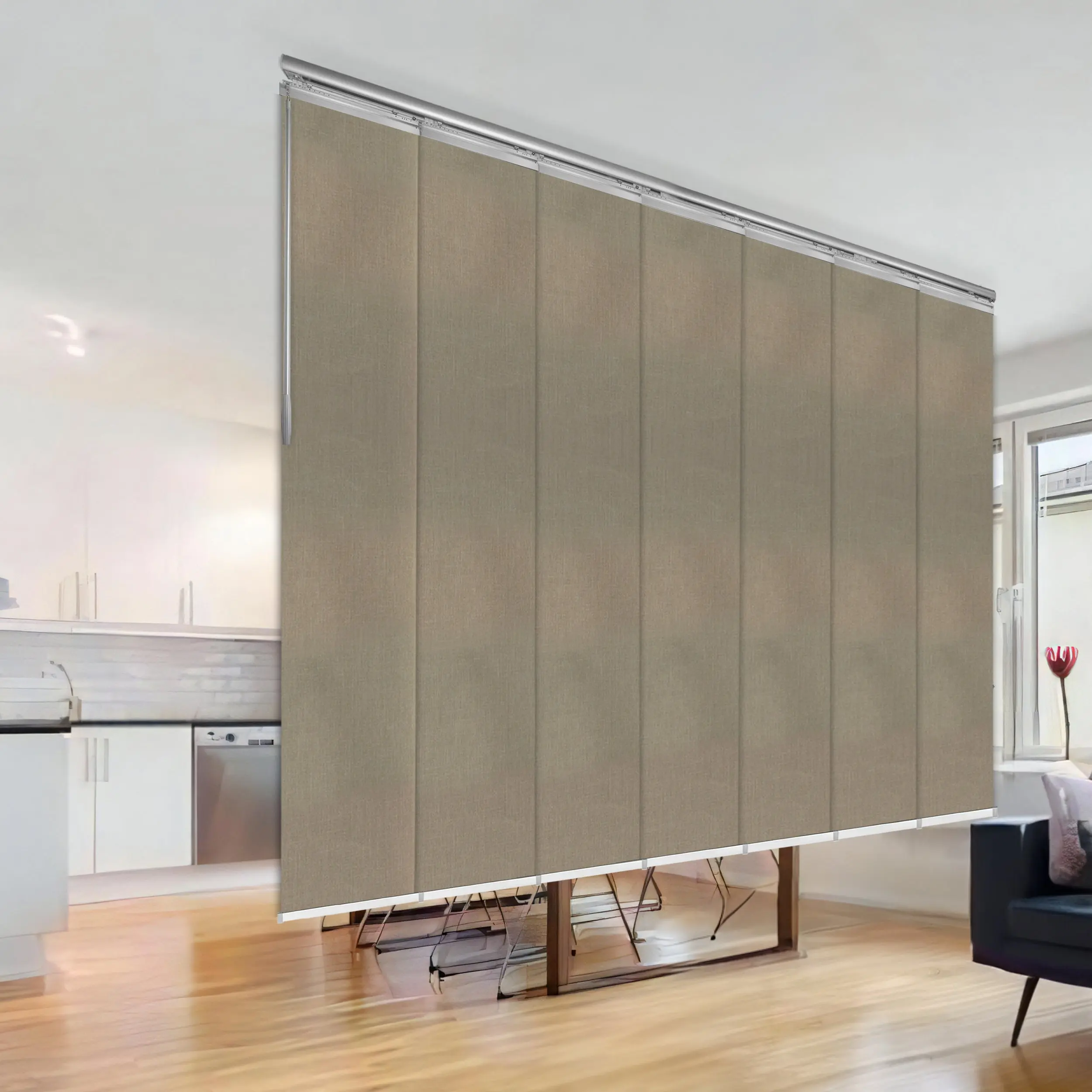 Cornsilk 7-Panel Single Rail Panel Track Extendable 58"-98"W x 91.4"H, Panel width 15.75" - 80% LIGHT-FILTERING